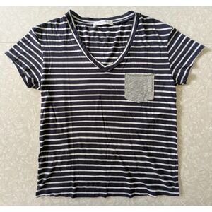 Stateside Womens Navy White Striped V-Neck T-Shirt Grey Pocket Size S USA